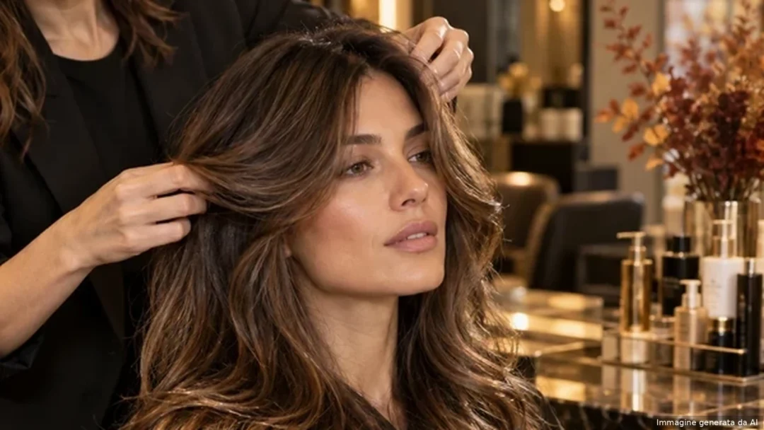 Hairstylist examining long brunette hair during a professional salon consultation