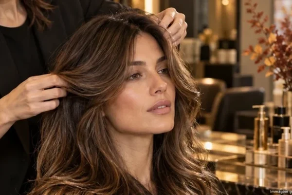 Hairstylist examining long brunette hair during a professional salon consultation