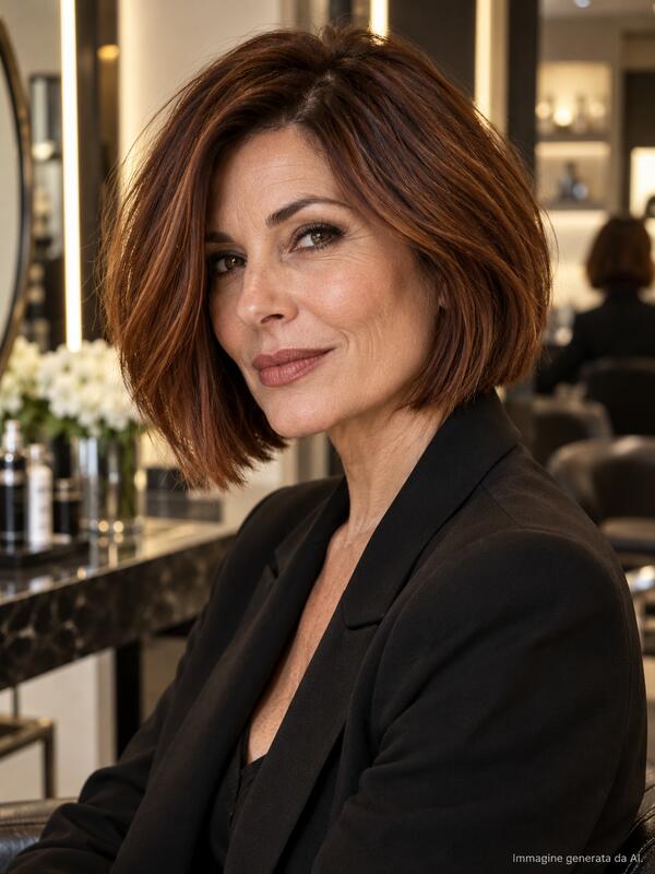 Intense Cinnamon Brunette bob on a woman over 50