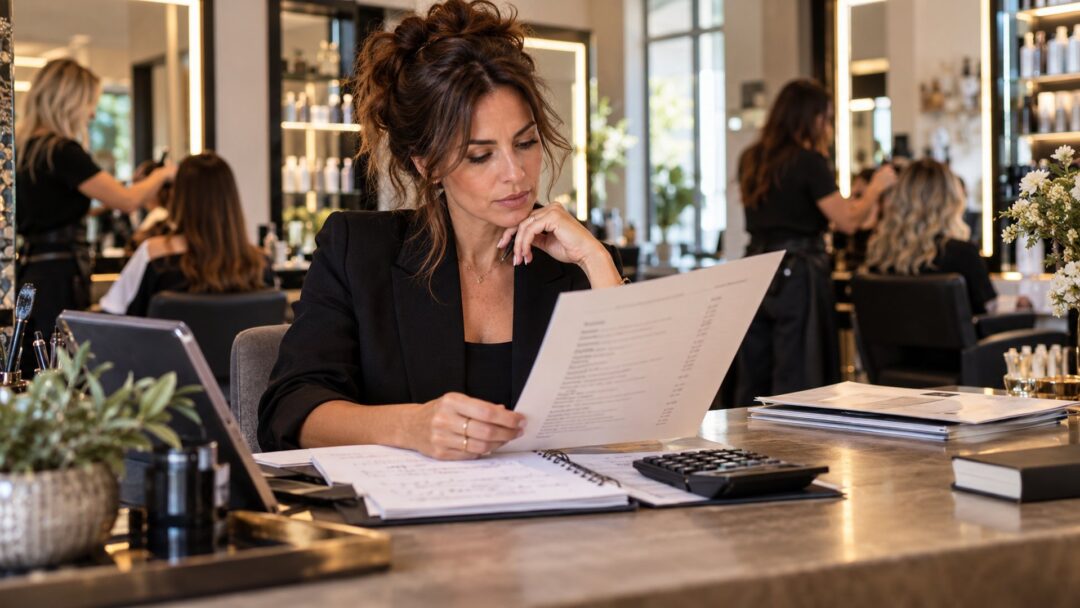 Titolare di salone consulta il listino servizi e i costi dell’attività