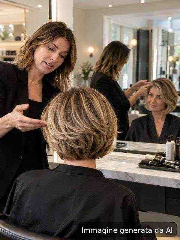 Hairstylist consulting on layered bob shape and movement