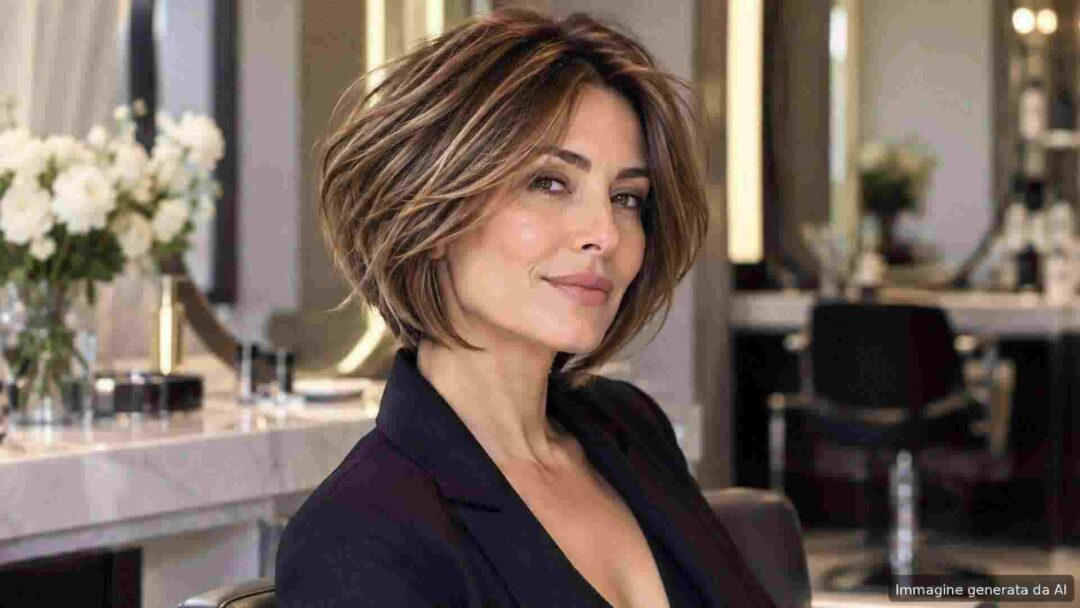 Layered bob haircut for fine hair in a modern salon