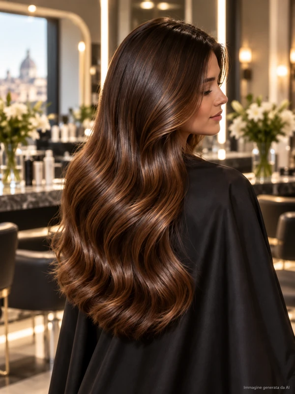 Long glossy brunette hair with soft waves in a luxury salon