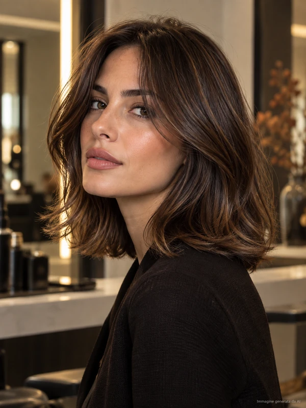 Soft medium brunette haircut with natural movement in a modern salon
