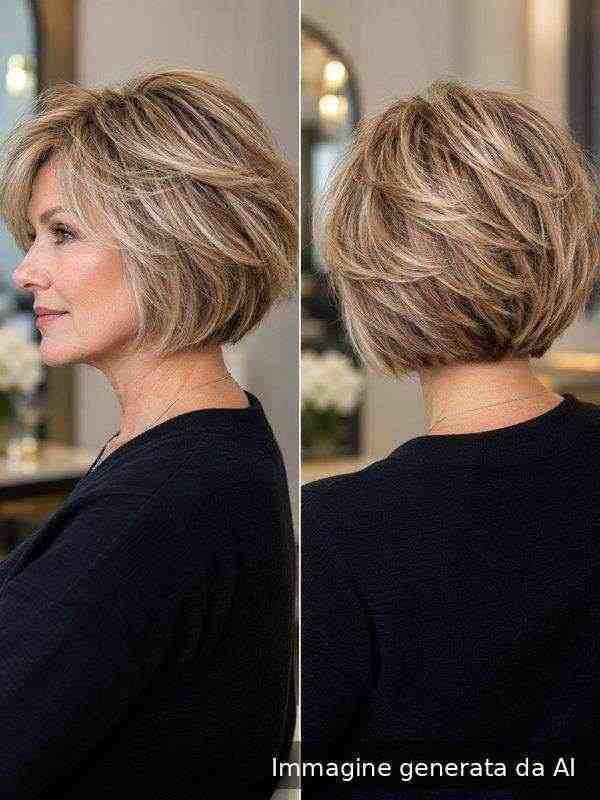 Bob scalato visto di profilo e da dietro su capelli fini over 50