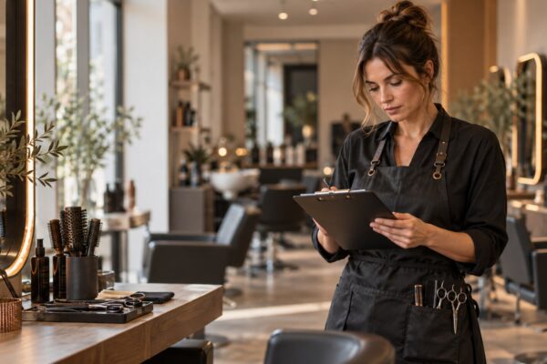 Parrucchiera organizza il lavoro in un salone professionale con strumenti ordinati