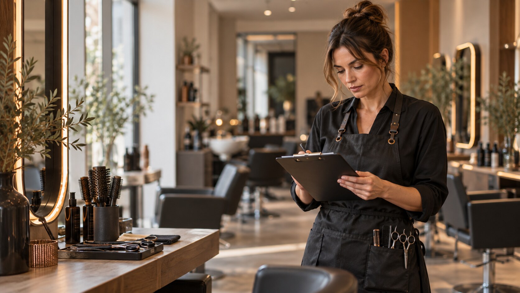 Parrucchiera organizza il lavoro in un salone professionale con strumenti ordinati