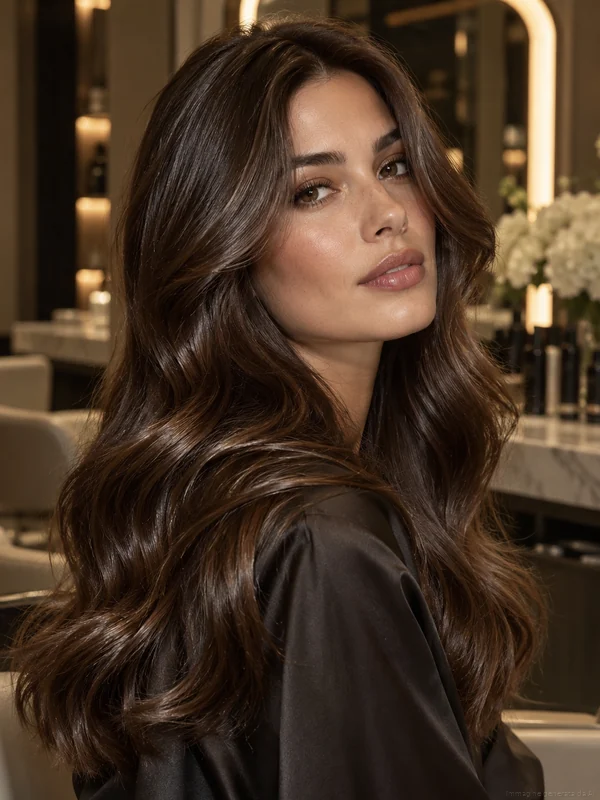 Glossy brunette medium haircut with soft layers in a premium salon