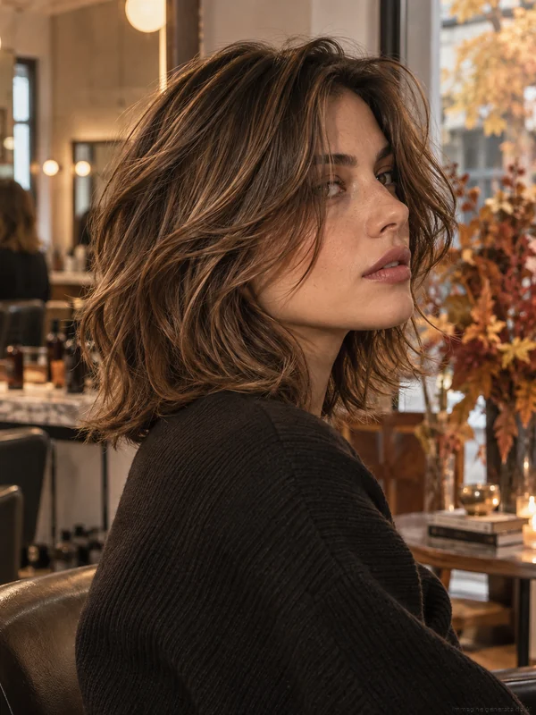 Woman with a soft layered medium brunette haircut in a modern salon