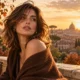 Woman with a soft medium brunette haircut in autumn light overlooking Rome