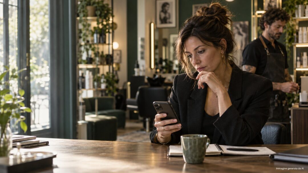 Titolare di salone valuta sullo smartphone un assistente AI per WhatsApp