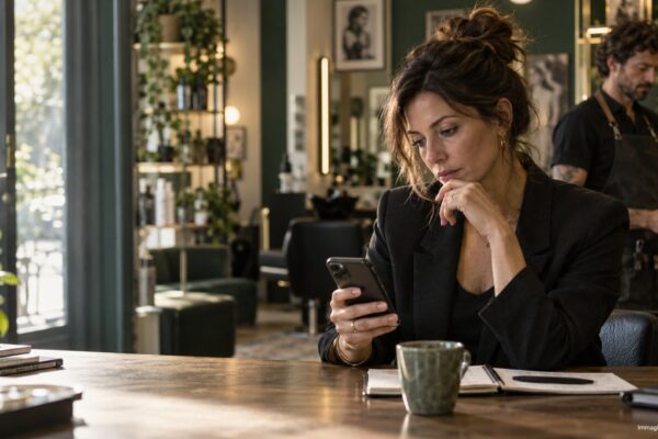 Titolare di salone valuta sullo smartphone un assistente AI per WhatsApp