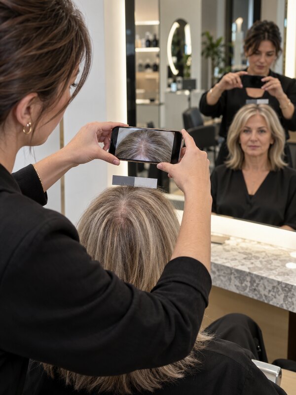 Parrucchiera fotografa la riga dei capelli per monitorare la densità