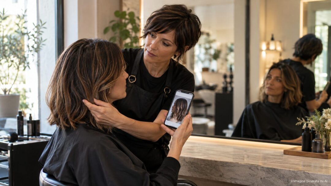 Cliente mostra al parrucchiere una foto di ispirazione prima del cambio look