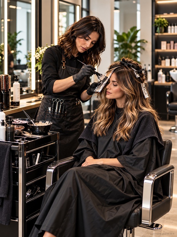 Hairstylist durante l’applicazione professionale del colore in salone