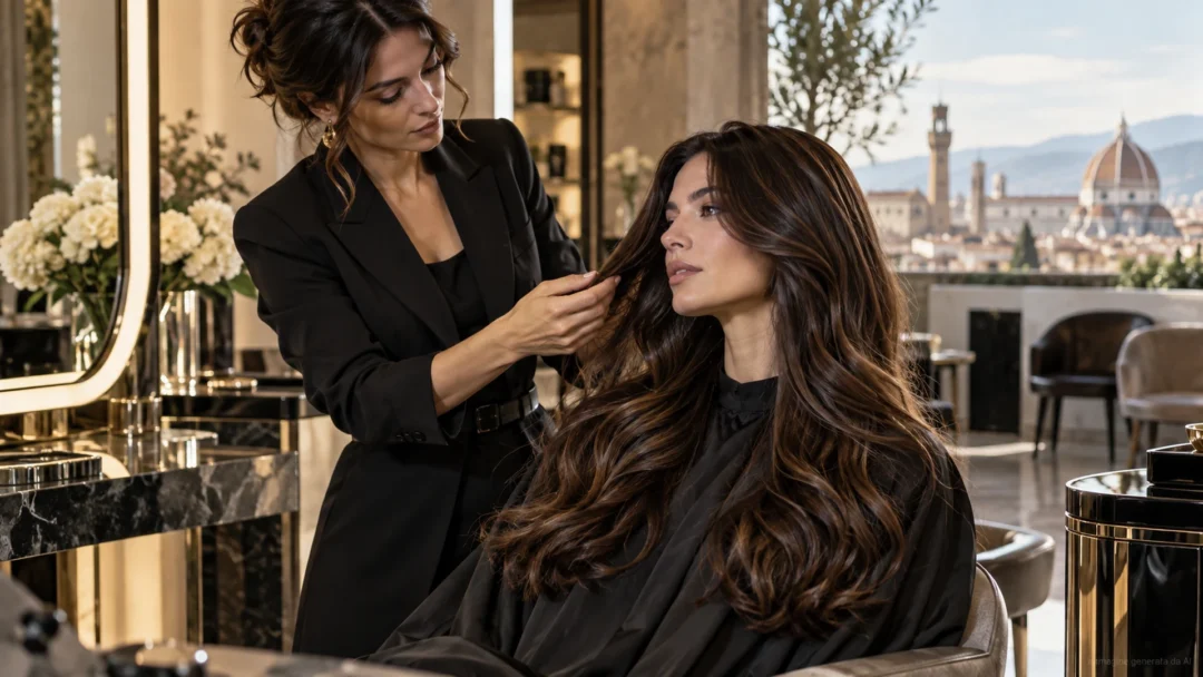 Parrucchiera che valuta i capelli lunghi e lucidi di una cliente in un salone professionale con vista su Firenze