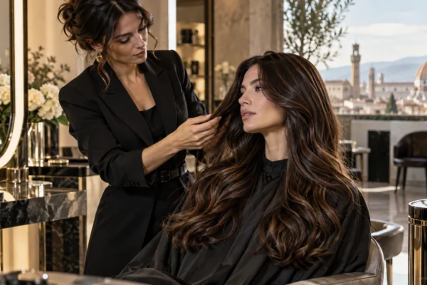 Parrucchiera che valuta i capelli lunghi e lucidi di una cliente in un salone professionale con vista su Firenze