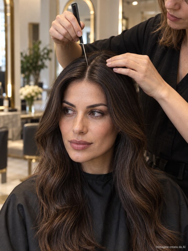 Capelli con riga centrale, styling simmetrico e luminoso