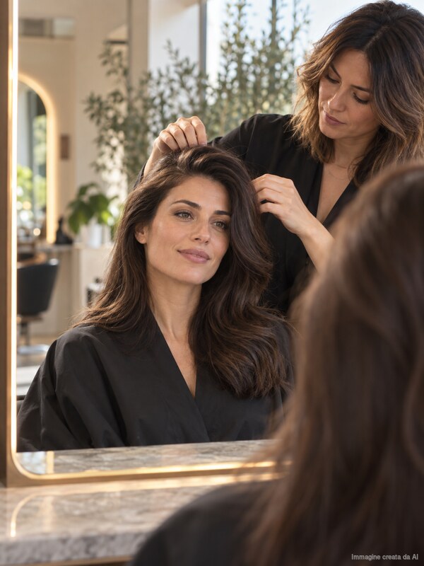 Capelli con riga laterale, volume alla radice e movimento