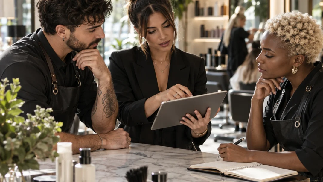 Salon team reviewing pricing, services and business performance together
