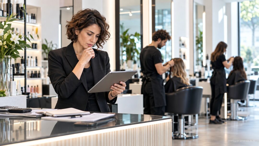 Titolare di salone che analizza risultati e margini in un salone moderno