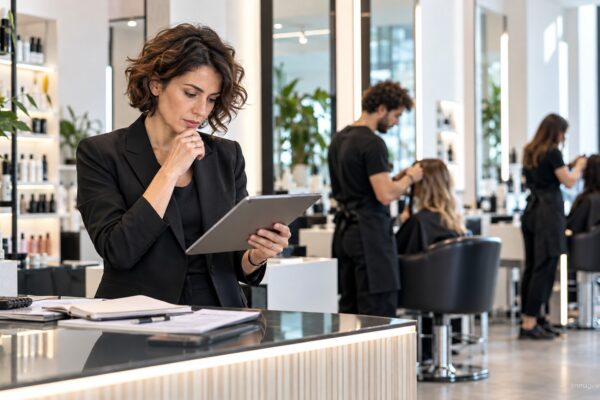 Titolare di salone che analizza risultati e margini in un salone moderno