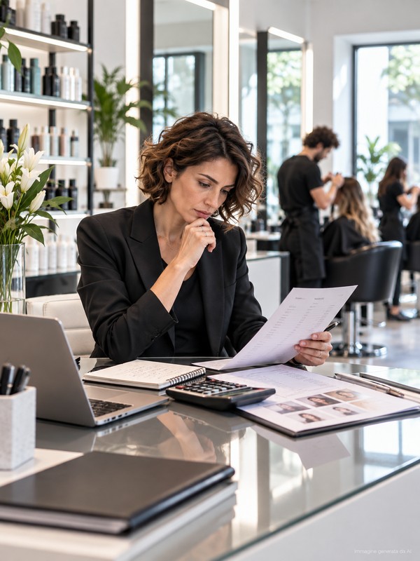 Manager del salone che controlla conti e andamento economico