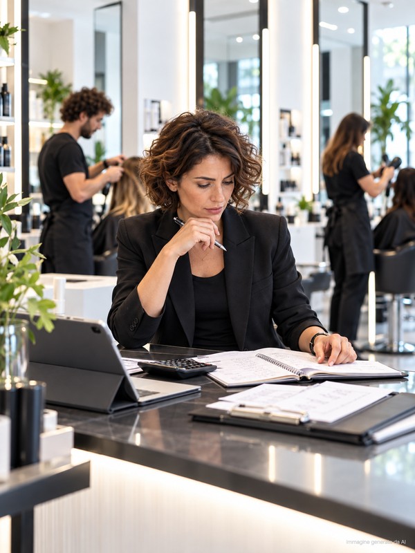 Titolare del salone che studia margini, prezzi e promozioni