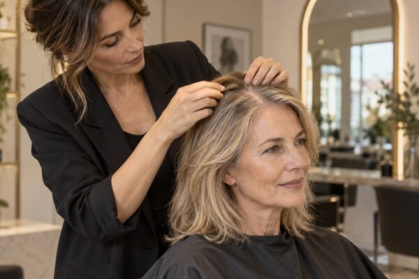 Parrucchiera valuta la densità dei capelli di una cliente over 50 in salone
