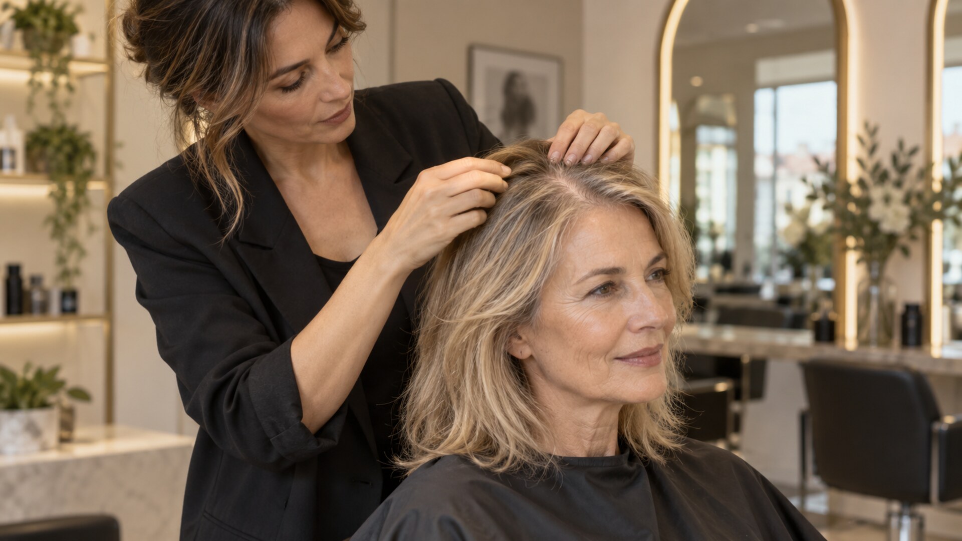 Parrucchiera valuta la densità dei capelli di una cliente over 50 in salone
