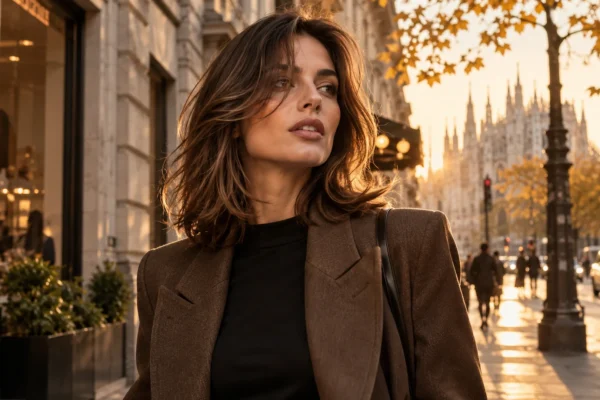 Donna con taglio medio castano e movimento naturale nelle vie di Milano in autunno