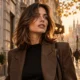 Donna con taglio medio castano e movimento naturale nelle vie di Milano in autunno