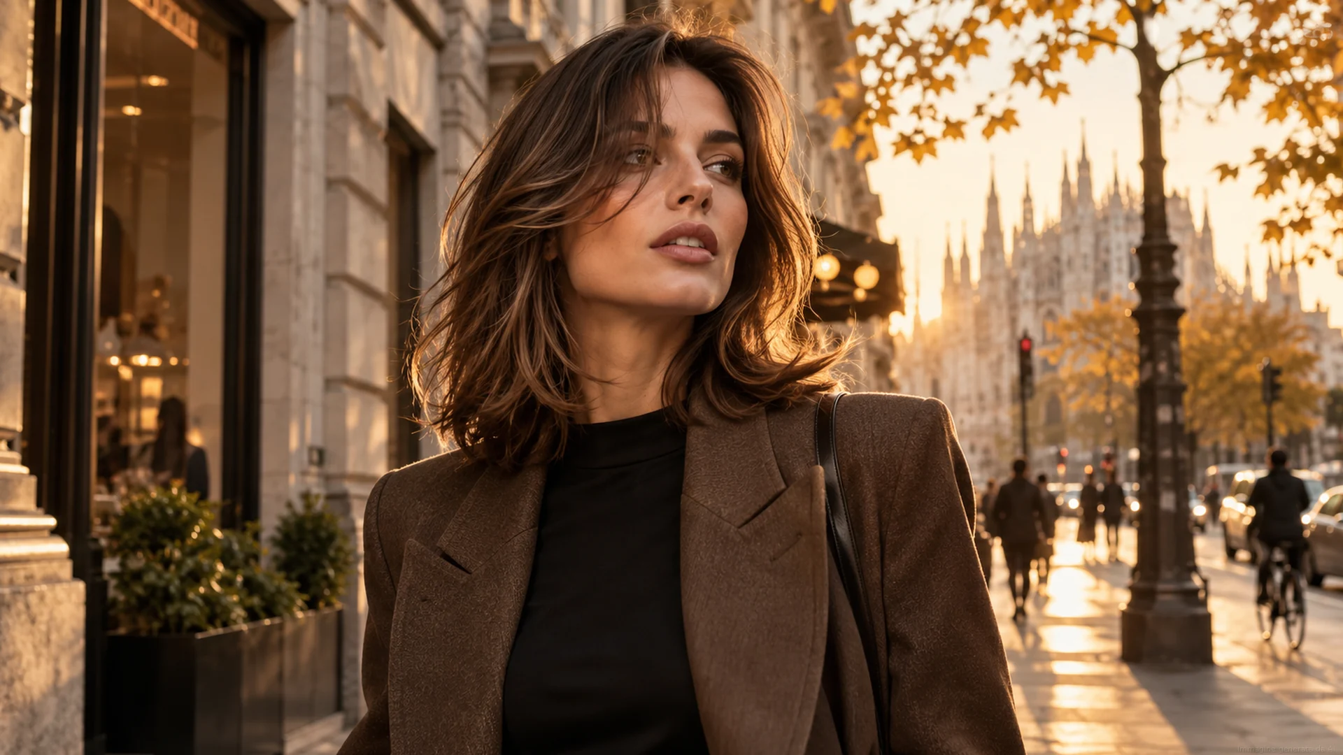 Donna con taglio medio castano e movimento naturale nelle vie di Milano in autunno