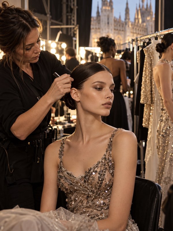 Hairstylist rifinisce l’acconciatura di una modella nel backstage di un evento moda