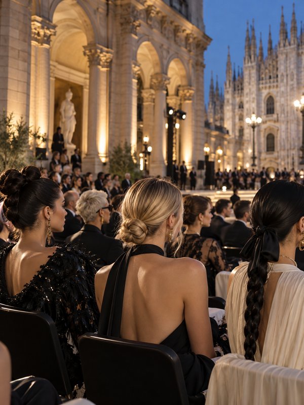 Ospiti eleganti assistono a un evento moda serale a Milano
