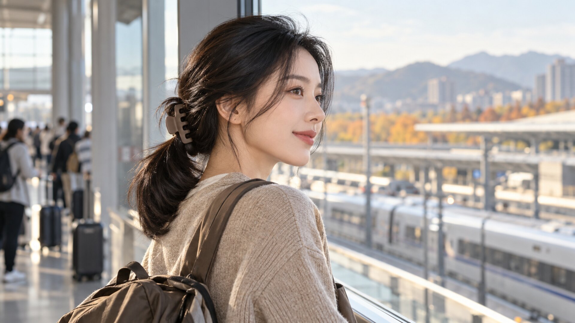 中国女性在旅行途中扎着低马尾，国庆出行清爽造型
