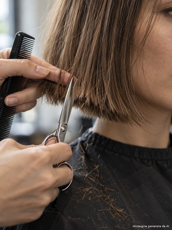 Point cutting a secco con forbice verticale sulle punte di un bob castano chiaro