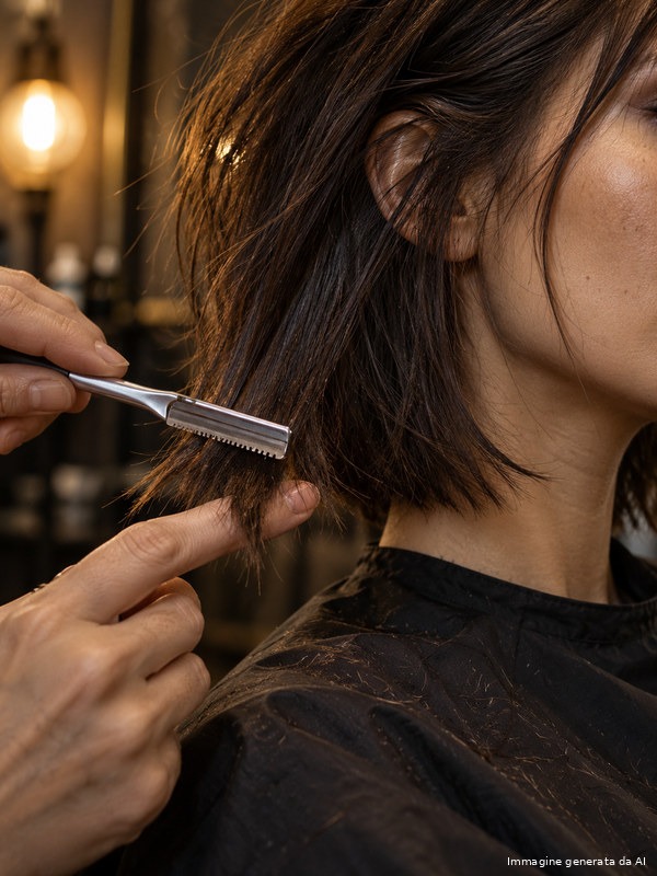 Rasoio sulle punte di capelli castani spessi per creare la texture spezzata del ripped bob