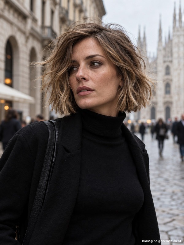 Ripped bob mosso biondo scuro con punte più chiare, donna in strada a Milano in autunno