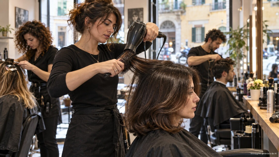 Stylist giving a round-brush blow-dry in a busy Italian neighbourhood salon