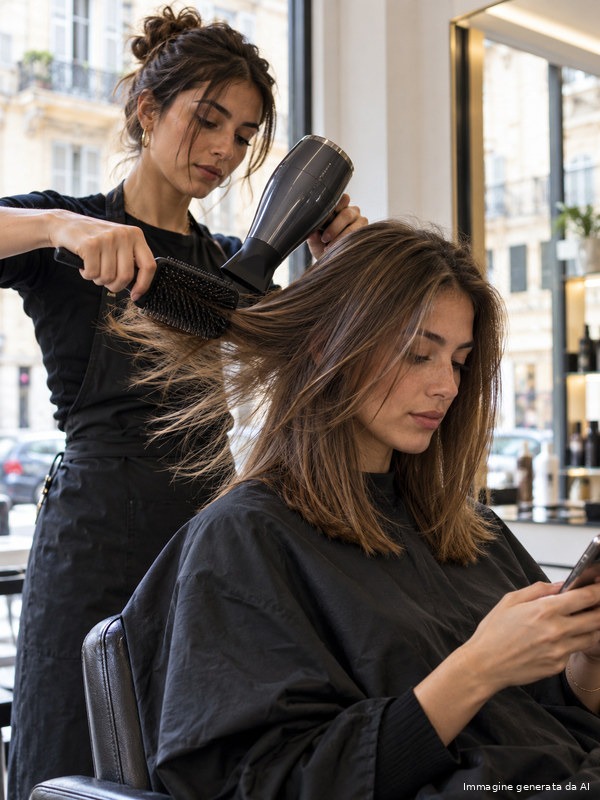 Quick paddle-brush blow-dry on straight chestnut hair in an Italian salon