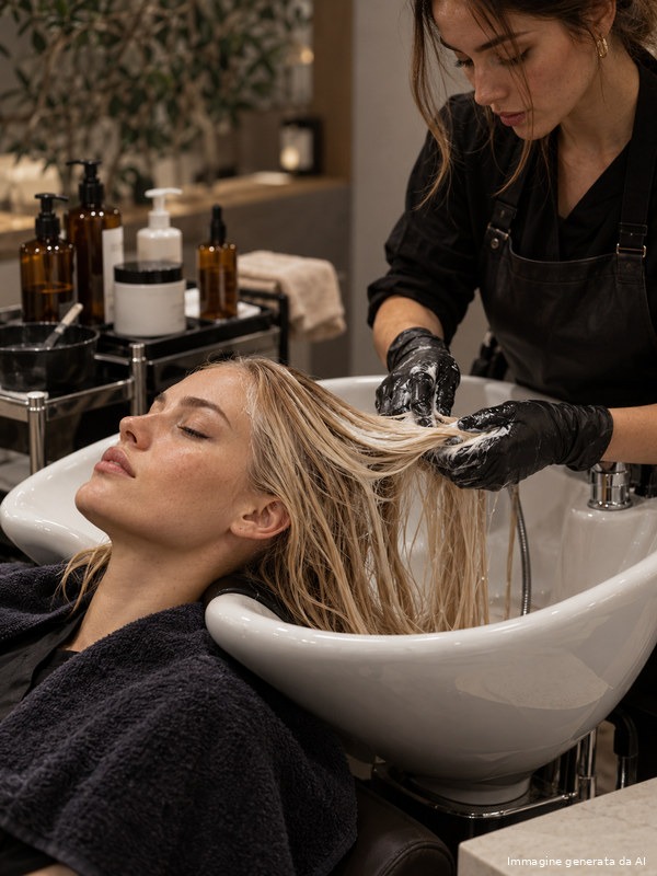 Multi-step reconstruction treatment on long blonde hair at the shampoo basin of an Italian salon