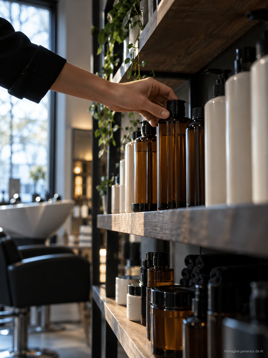 Backbar di un salone con flaconi professionali di haircare ambrati e bianchi, mano della parrucchiera che prende un prodotto