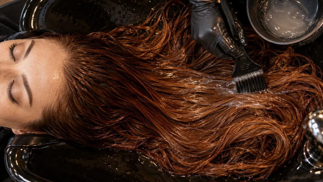 Capelli ramati lucidi durante il trattamento gloss di mantenimento in salone