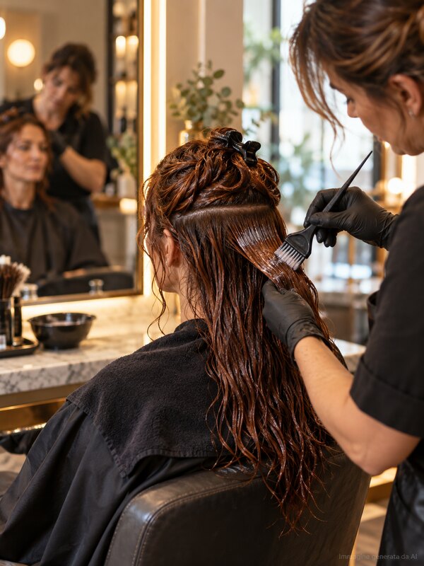 Colorista applica il gloss sulle lunghezze ramate in salone