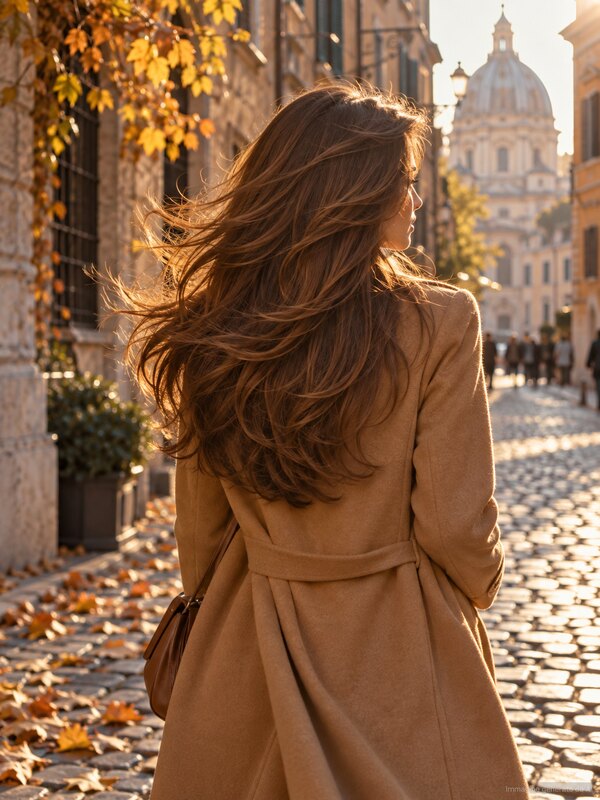 Capelli lunghi scalati mossi dal vento in una strada italiana d’autunno