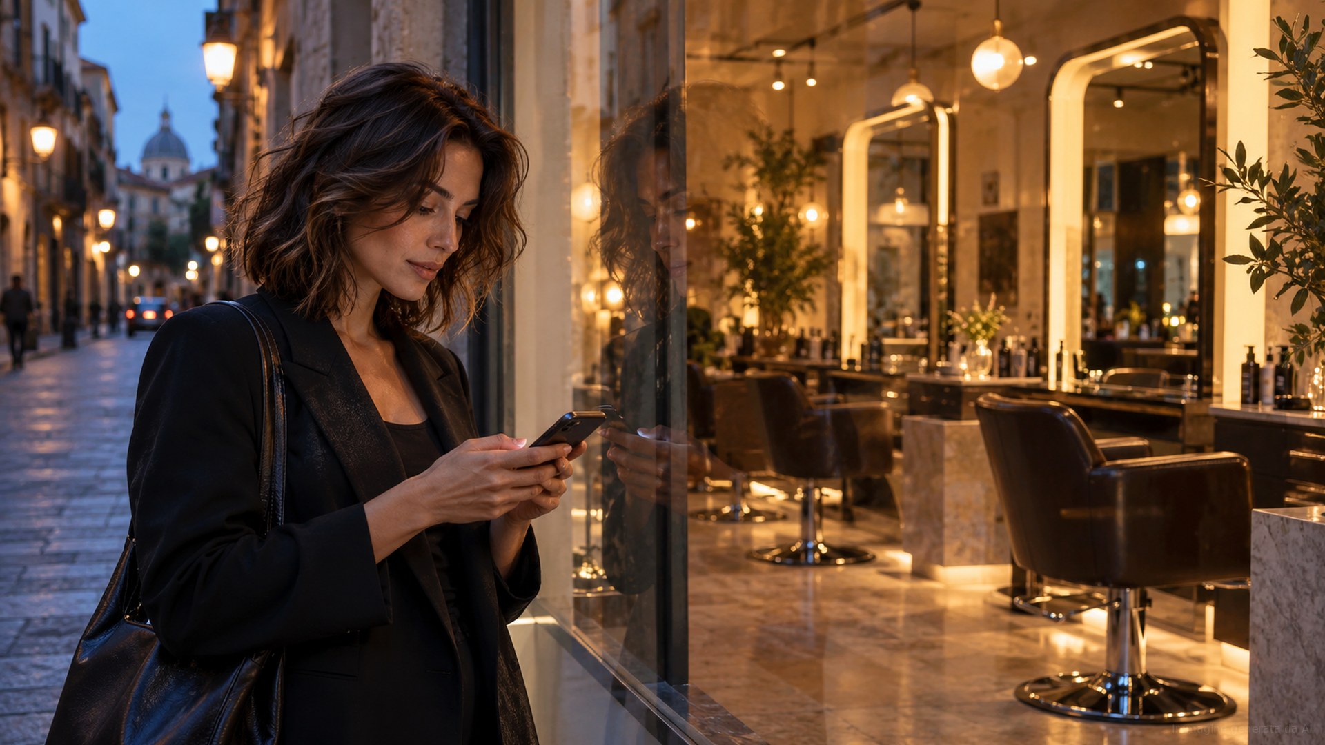 Cliente consulta il telefono prima di entrare in un salone