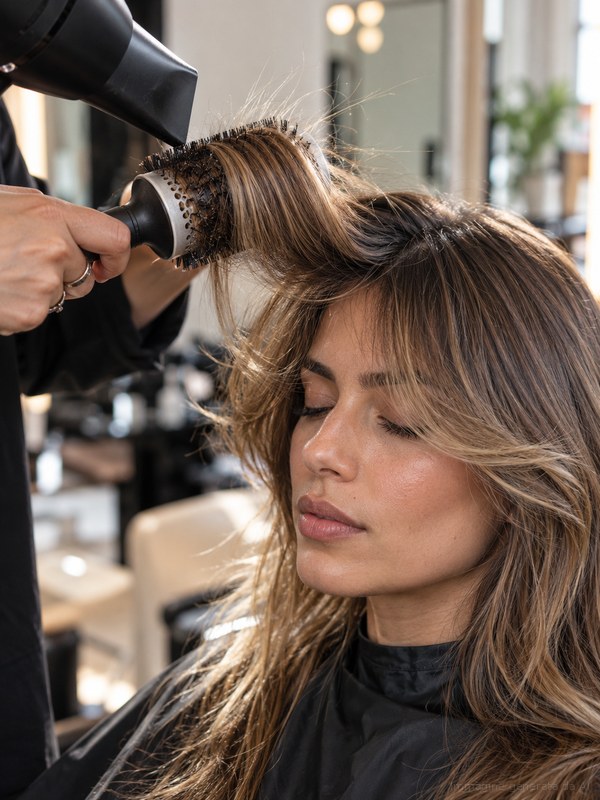 Bombshell bangs lunga con volume morbido su capelli mossi