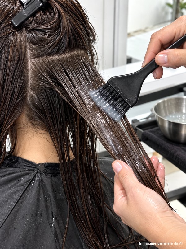 Il colorista distribuisce un gloss trasparente su una sezione di capelli castani
