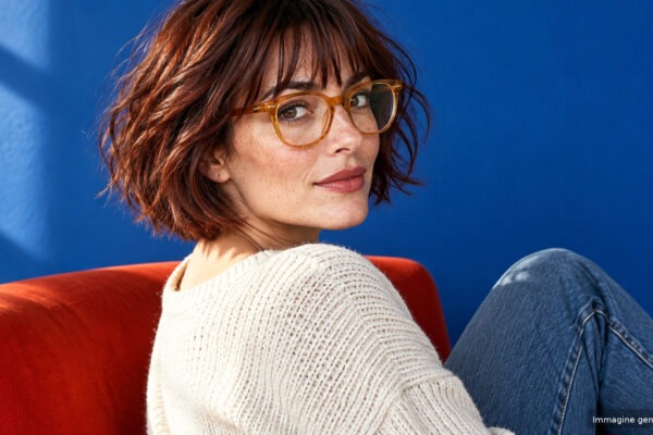 Frangia e occhiali: ritratto moda con taglio e montatura in armonia